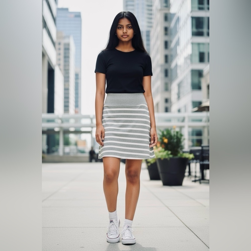 Lolë, Grey & White Striped A-Line Skirt, Organic Cotton, Size M